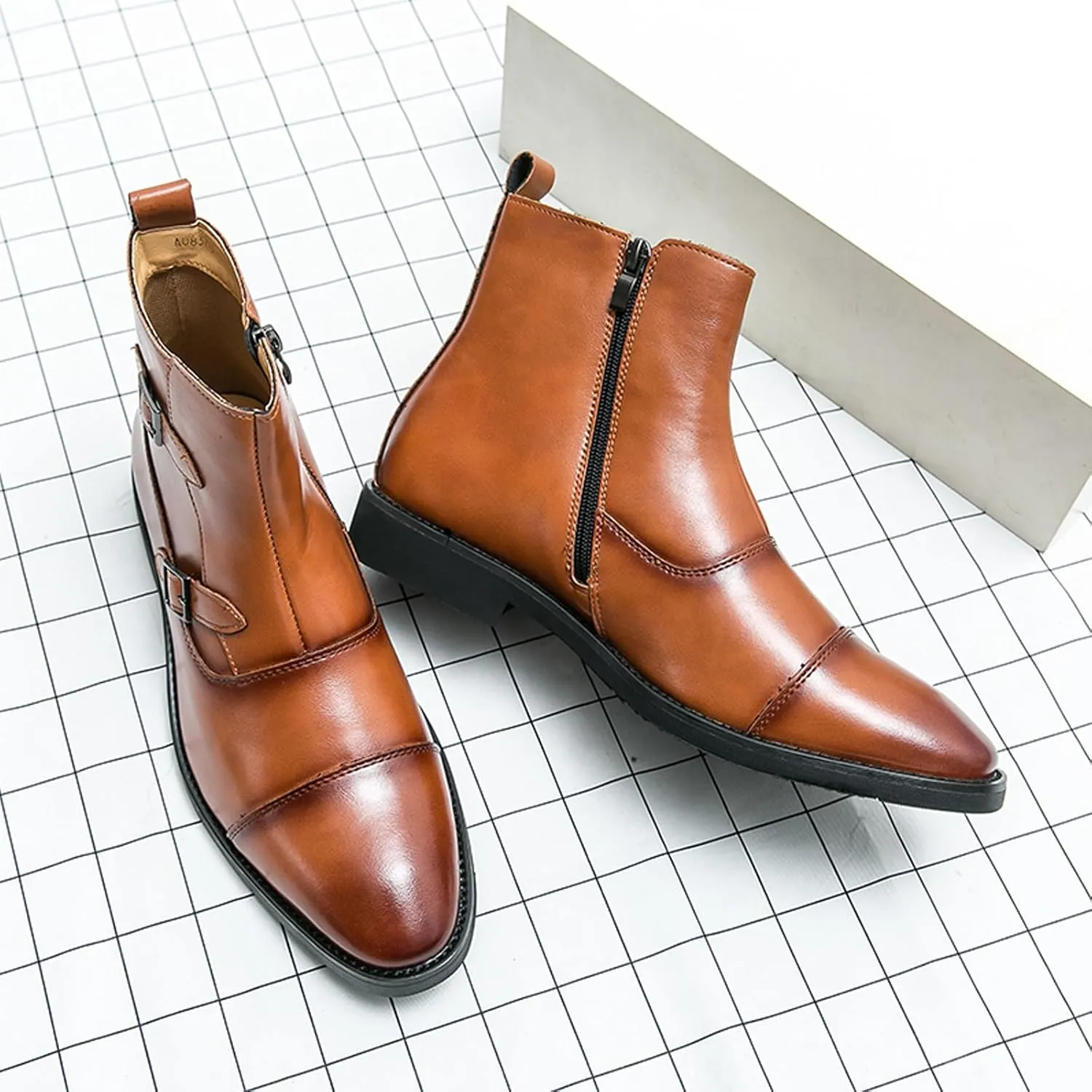 URLECHS Men's Leather Classic Chelsea Boots Fashion Double Buckle Side Zipper Ankle Chukka Boot Lightweight Comfortable High Top Oxford Dress Boots Business Work Office Daily Casual Shoes