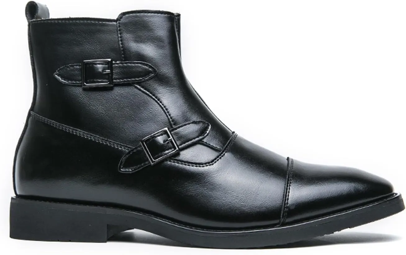 URLECHS Men's Leather Classic Chelsea Boots Fashion Double Buckle Side Zipper Ankle Chukka Boot Lightweight Comfortable High Top Oxford Dress Boots Business Work Office Daily Casual Shoes