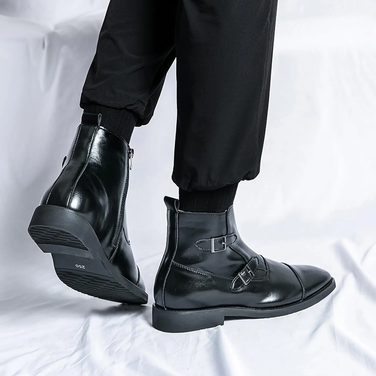 URLECHS Men's Leather Classic Chelsea Boots Fashion Double Buckle Side Zipper Ankle Chukka Boot Lightweight Comfortable High Top Oxford Dress Boots Business Work Office Daily Casual Shoes