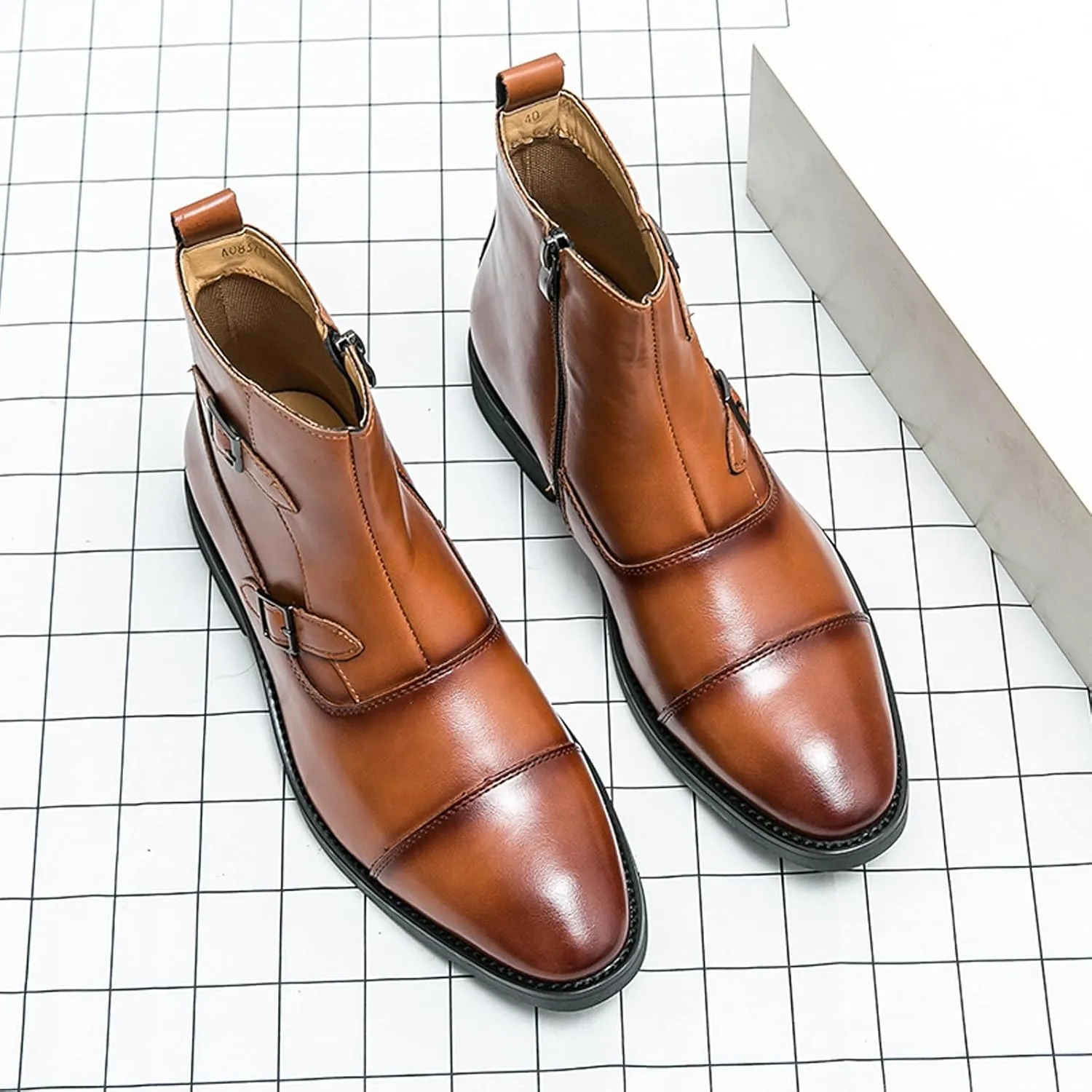 URLECHS Men's Leather Classic Chelsea Boots Fashion Double Buckle Side Zipper Ankle Chukka Boot Lightweight Comfortable High Top Oxford Dress Boots Business Work Office Daily Casual Shoes