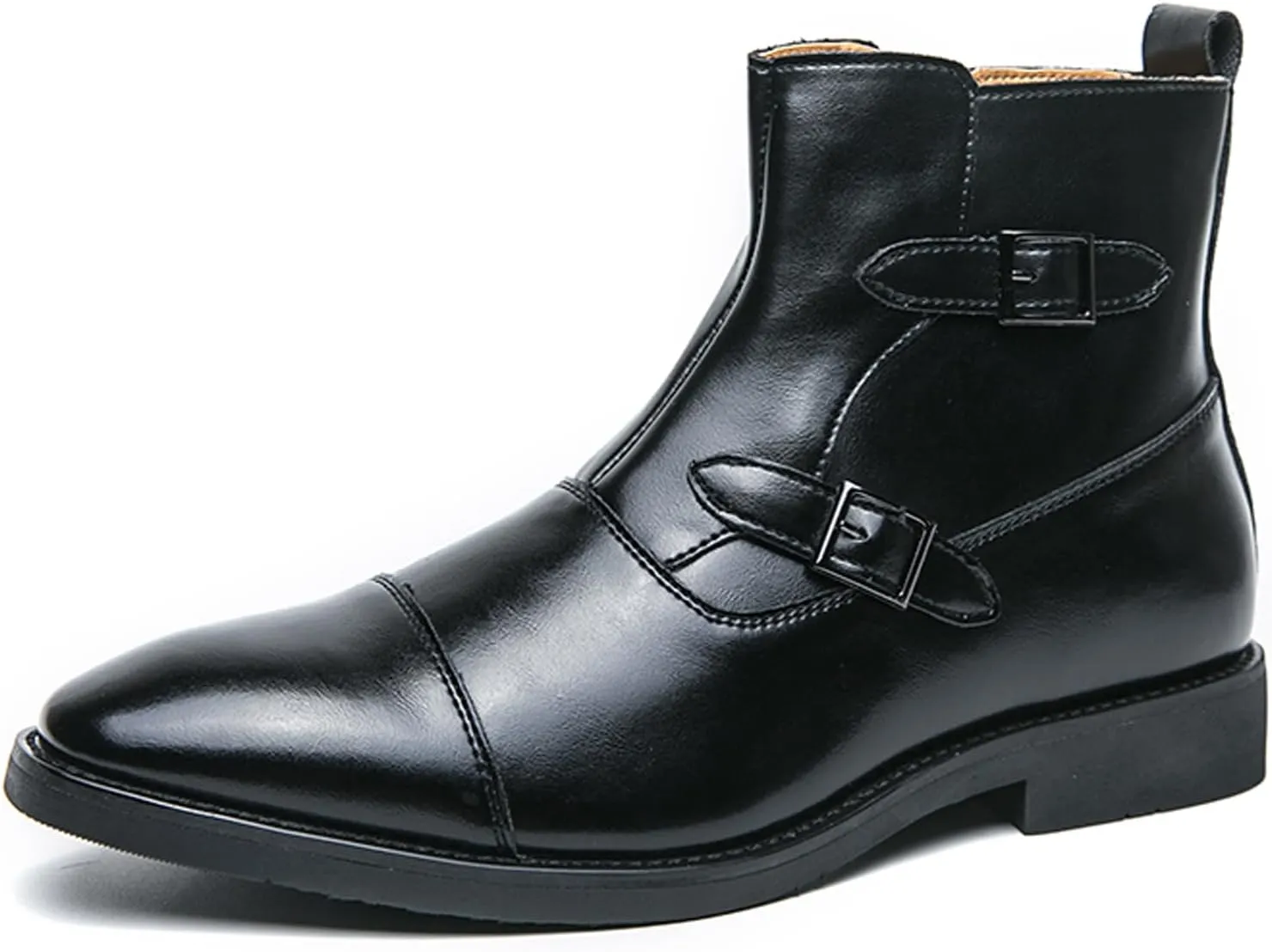 URLECHS Men's Leather Classic Chelsea Boots Fashion Double Buckle Side Zipper Ankle Chukka Boot Lightweight Comfortable High Top Oxford Dress Boots Business Work Office Daily Casual Shoes