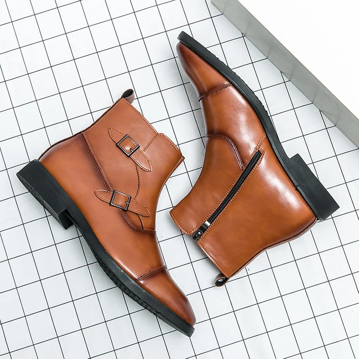 URLECHS Men's Leather Classic Chelsea Boots Fashion Double Buckle Side Zipper Ankle Chukka Boot Lightweight Comfortable High Top Oxford Dress Boots Business Work Office Daily Casual Shoes
