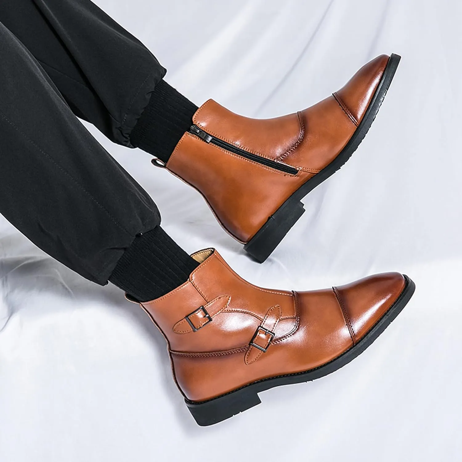 URLECHS Men's Leather Classic Chelsea Boots Fashion Double Buckle Side Zipper Ankle Chukka Boot Lightweight Comfortable High Top Oxford Dress Boots Business Work Office Daily Casual Shoes