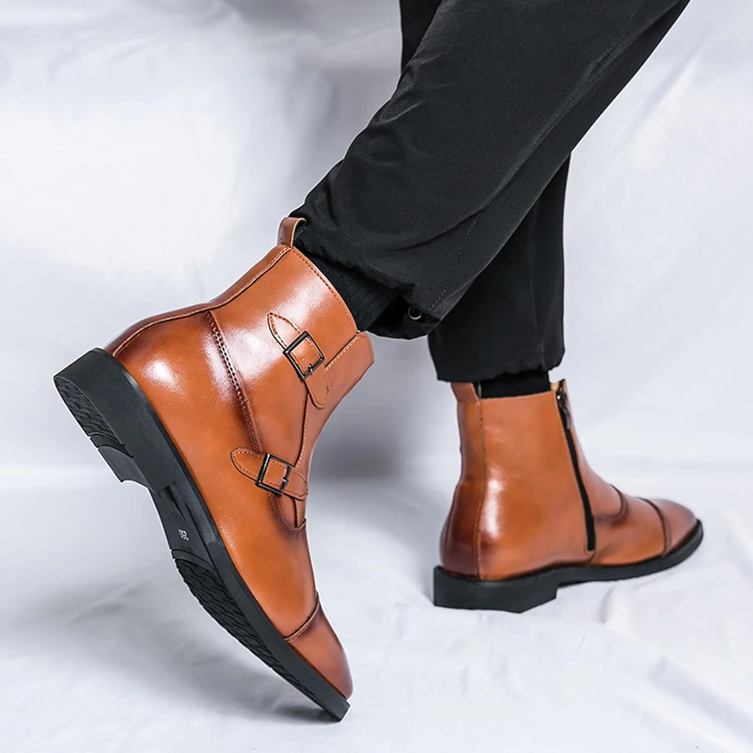 URLECHS Men's Leather Classic Chelsea Boots Fashion Double Buckle Side Zipper Ankle Chukka Boot Lightweight Comfortable High Top Oxford Dress Boots Business Work Office Daily Casual Shoes