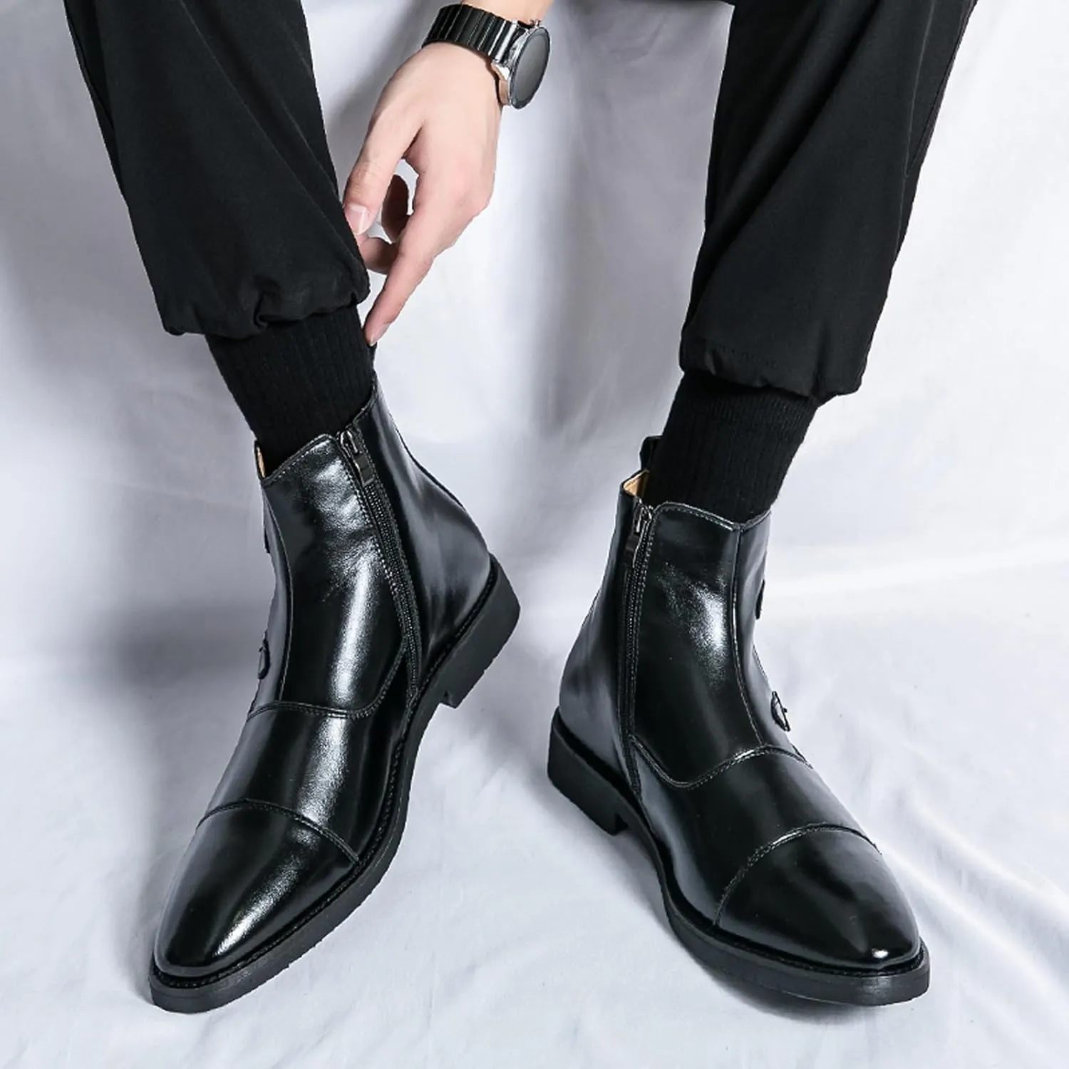 URLECHS Men's Leather Classic Chelsea Boots Fashion Double Buckle Side Zipper Ankle Chukka Boot Lightweight Comfortable High Top Oxford Dress Boots Business Work Office Daily Casual Shoes