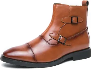 URLECHS Men's Leather Classic Chelsea Boots Fashion Double Buckle Side Zipper Ankle Chukka Boot Lightweight Comfortable High Top Oxford Dress Boots Business Work Office Daily Casual Shoes