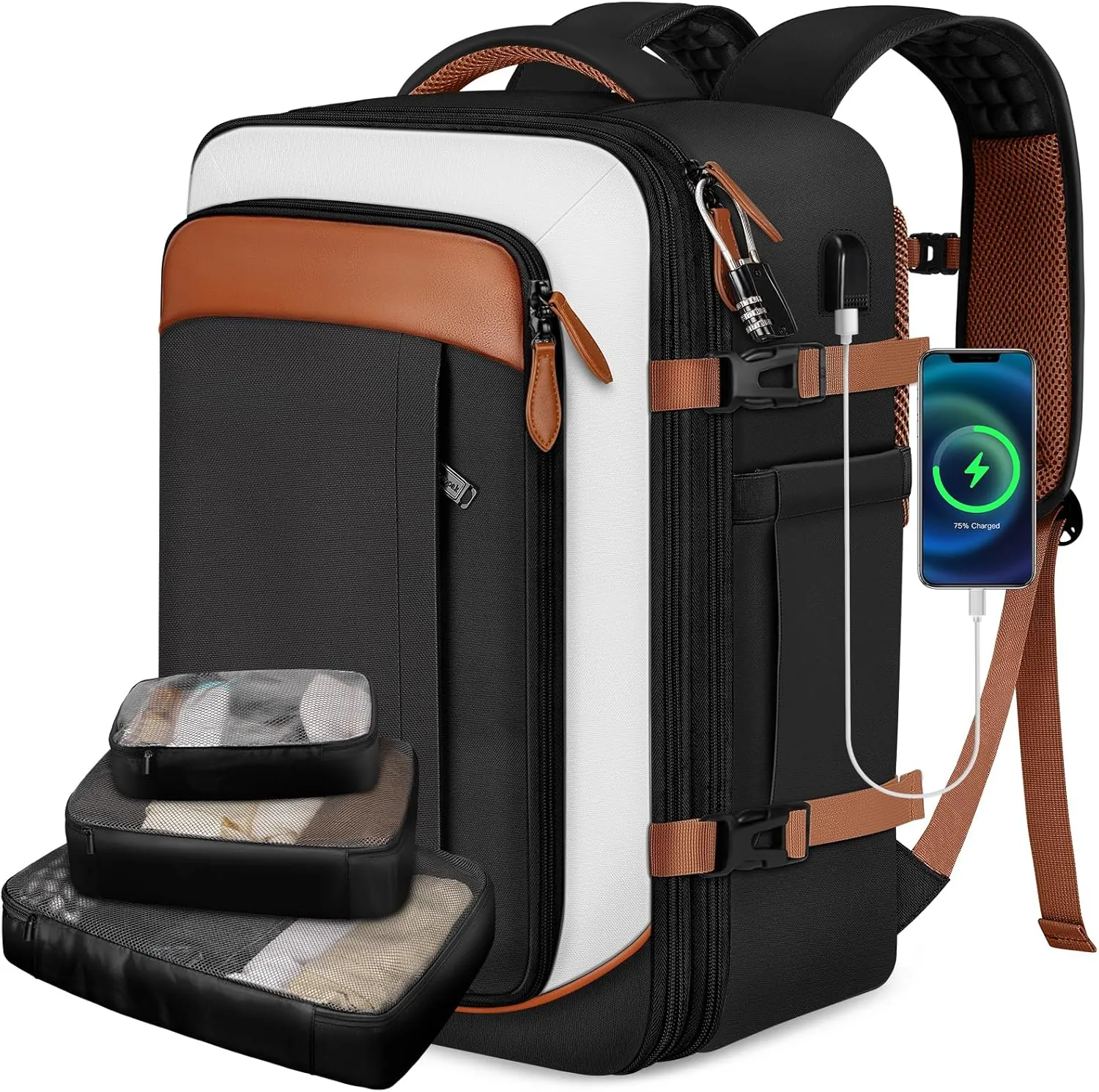 Vancropak Flight Approved 40L Expandable Carry On Travel Backpack, Lightweight Weekend & Short Trip Travel Bag with 3 Packing Cubes, Water-Resistant Anti-Theft Luggage for Men Women, Black White Brown