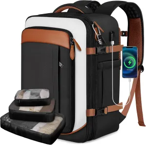 Vancropak Flight Approved 40L Expandable Carry On Travel Backpack, Lightweight Weekend & Short Trip Travel Bag with 3 Packing Cubes, Water-Resistant Anti-Theft Luggage for Men Women, Black White Brown