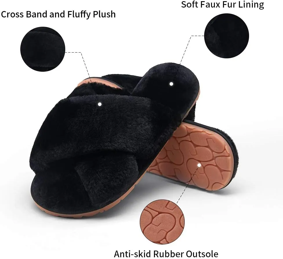 Vepose Women's 801 Cross Band Slippers, Soft Plush Furry Open Toe Fur Slides, Fuzzy Fluffy Slip on House Shoes Indoor Outdoor Slippers