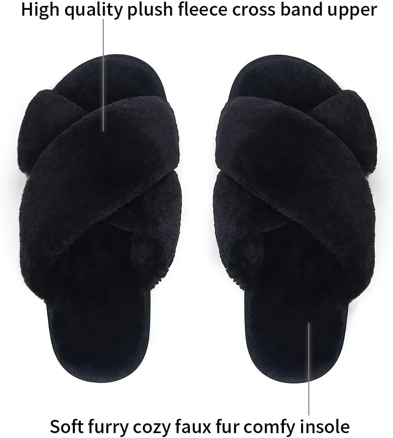 Vepose Women's 801 Cross Band Slippers, Soft Plush Furry Open Toe Fur Slides, Fuzzy Fluffy Slip on House Shoes Indoor Outdoor Slippers