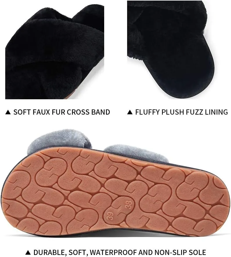 Vepose Women's 801 Cross Band Slippers, Soft Plush Furry Open Toe Fur Slides, Fuzzy Fluffy Slip on House Shoes Indoor Outdoor Slippers