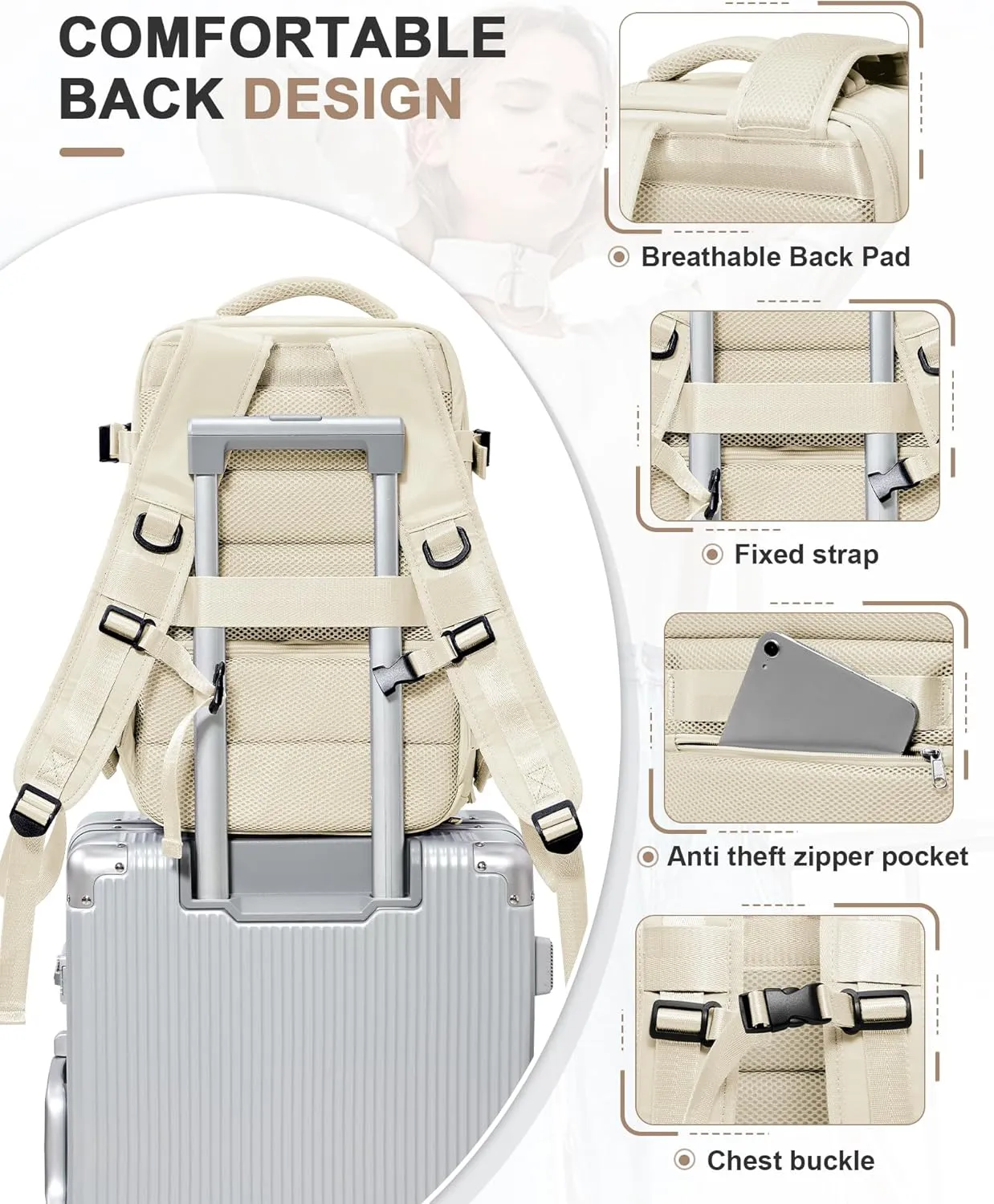 VGCUB Travel Backpack for Women Men for Spirit Airlines Personal Item Bag 18x14x8 Inches Laptop College Backpack,Waterproof Carry on Flight Approved Work Backpack Mochila de Viaje,Beige