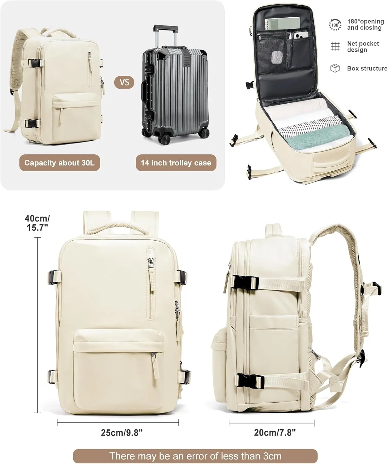 VGCUB Travel Backpack for Women Men for Spirit Airlines Personal Item Bag 18x14x8 Inches Laptop College Backpack,Waterproof Carry on Flight Approved Work Backpack Mochila de Viaje,Beige