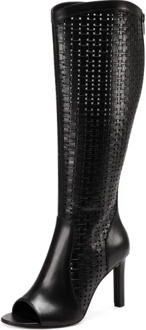 Vince Camuto Shelrica Black Open Peep Toe Woven Shaft Knee High Open Toe Boot