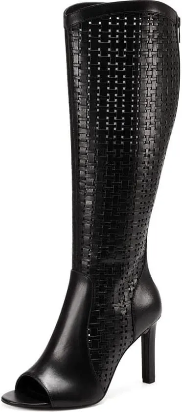 Vince Camuto Shelrica Black Open Peep Toe Woven Shaft Knee High Open Toe Boot