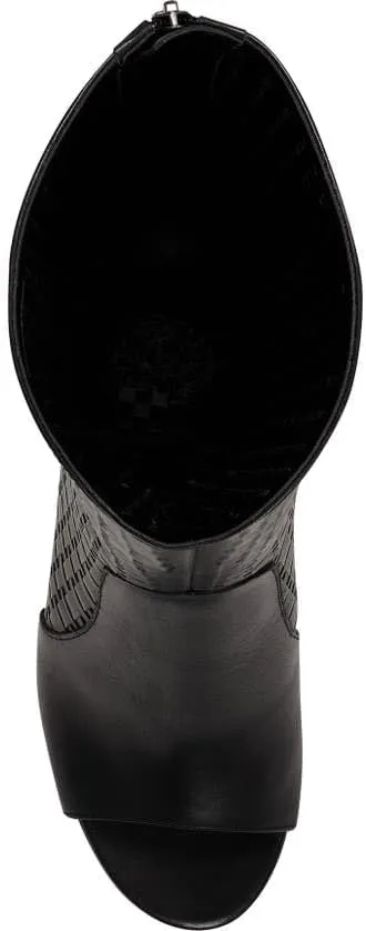Vince Camuto Shelrica Black Open Peep Toe Woven Shaft Knee High Open Toe Boot