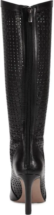 Vince Camuto Shelrica Black Open Peep Toe Woven Shaft Knee High Open Toe Boot