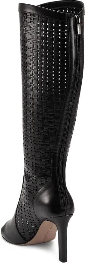 Vince Camuto Shelrica Black Open Peep Toe Woven Shaft Knee High Open Toe Boot