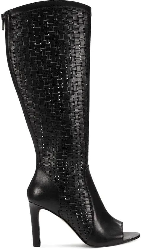 Vince Camuto Shelrica Black Open Peep Toe Woven Shaft Knee High Open Toe Boot