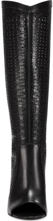 Vince Camuto Shelrica Black Open Peep Toe Woven Shaft Knee High Open Toe Boot