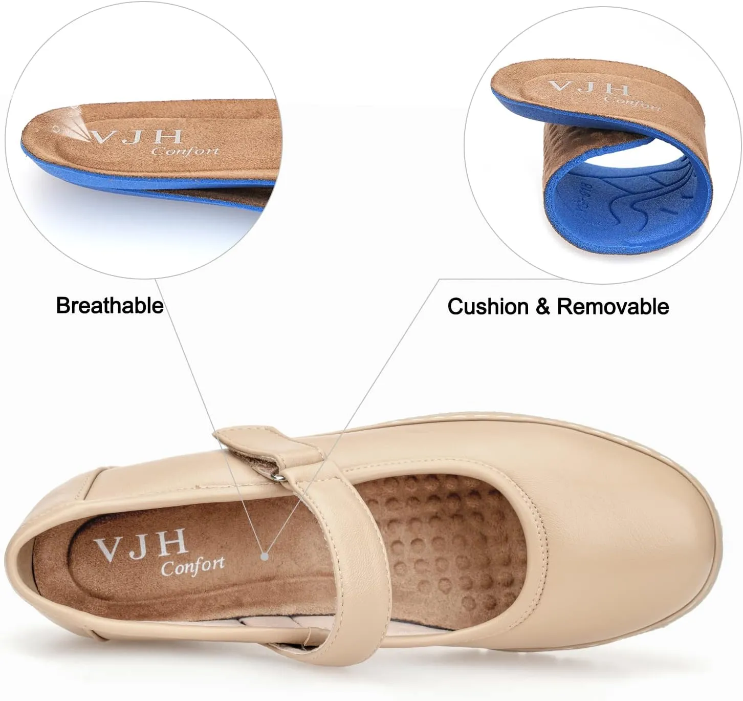 VJH confort Women s Mary Jane Flats, Breathable Comfort Round Toe Low Heel Slip-on Light Weight Walking Shoes