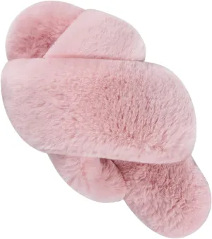 VONMAY Women's Soft Cross Band Slippers Plush Furry Slides Faux Fur Open Toe Comfy Slip On House Shoes