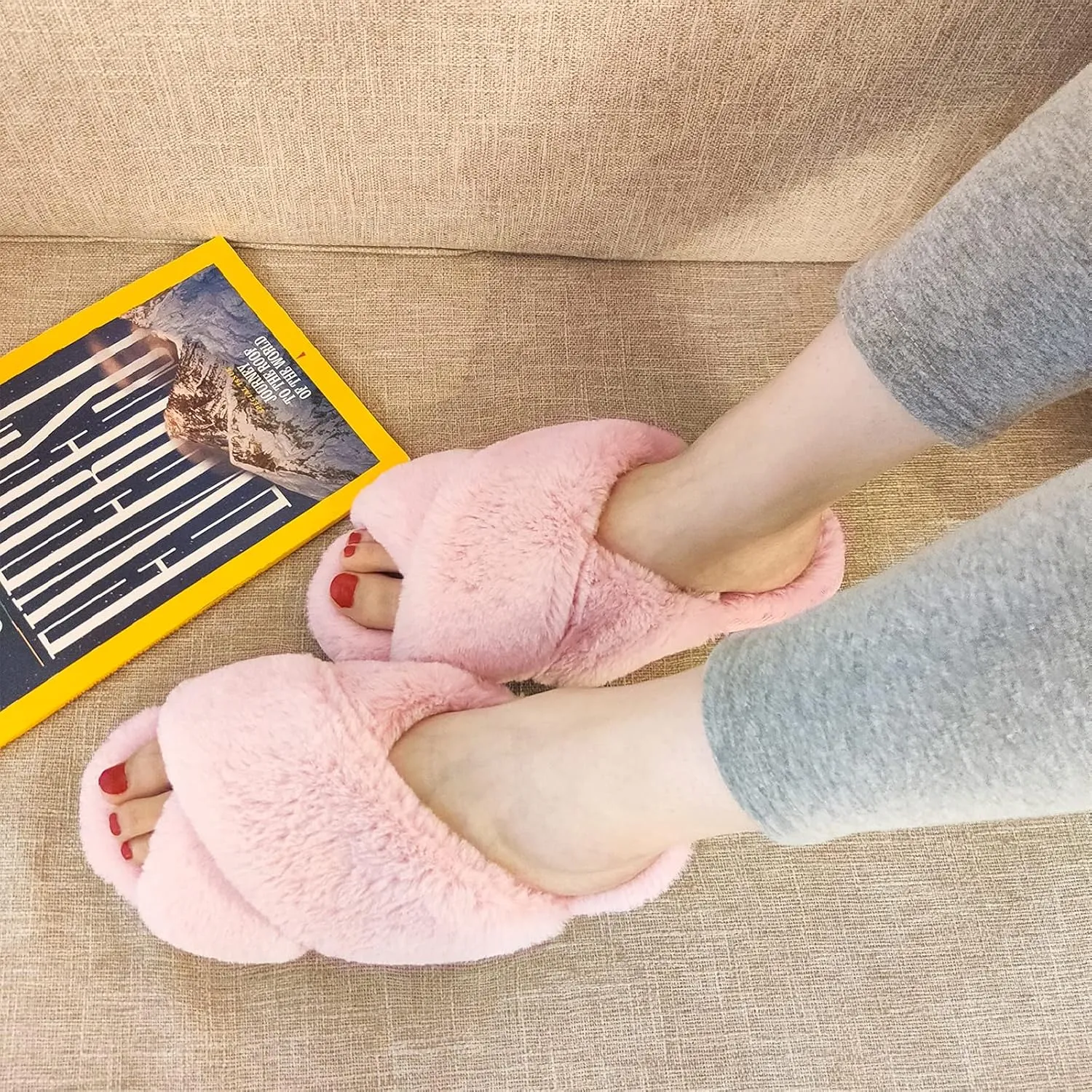 VONMAY Women's Soft Cross Band Slippers Plush Furry Slides Faux Fur Open Toe Comfy Slip On House Shoes