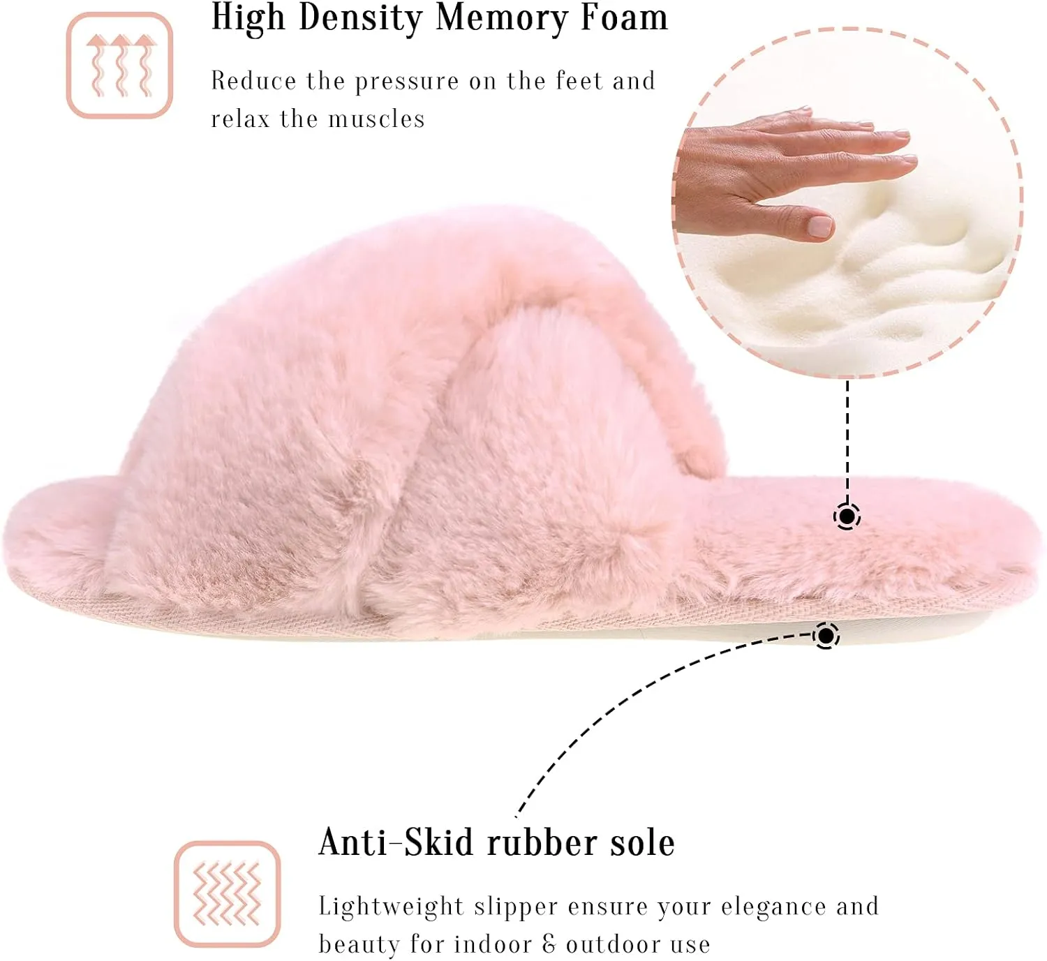 VONMAY Women's Soft Cross Band Slippers Plush Furry Slides Faux Fur Open Toe Comfy Slip On House Shoes