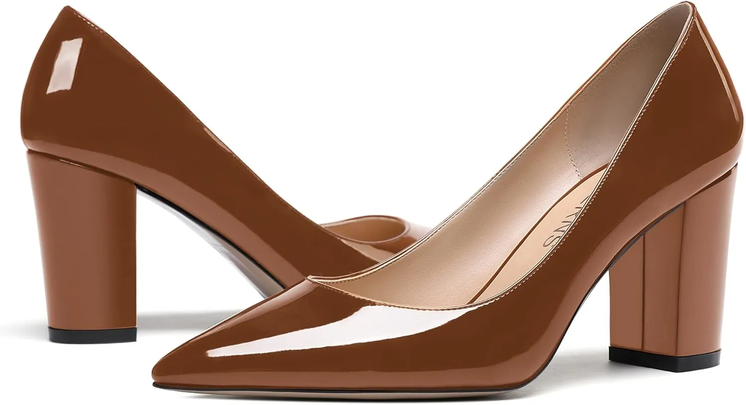 WAYDERNS Women's Solid Slip On Pointed Toe Patent Block High Heel Pumps Shoes 3.5 Inch