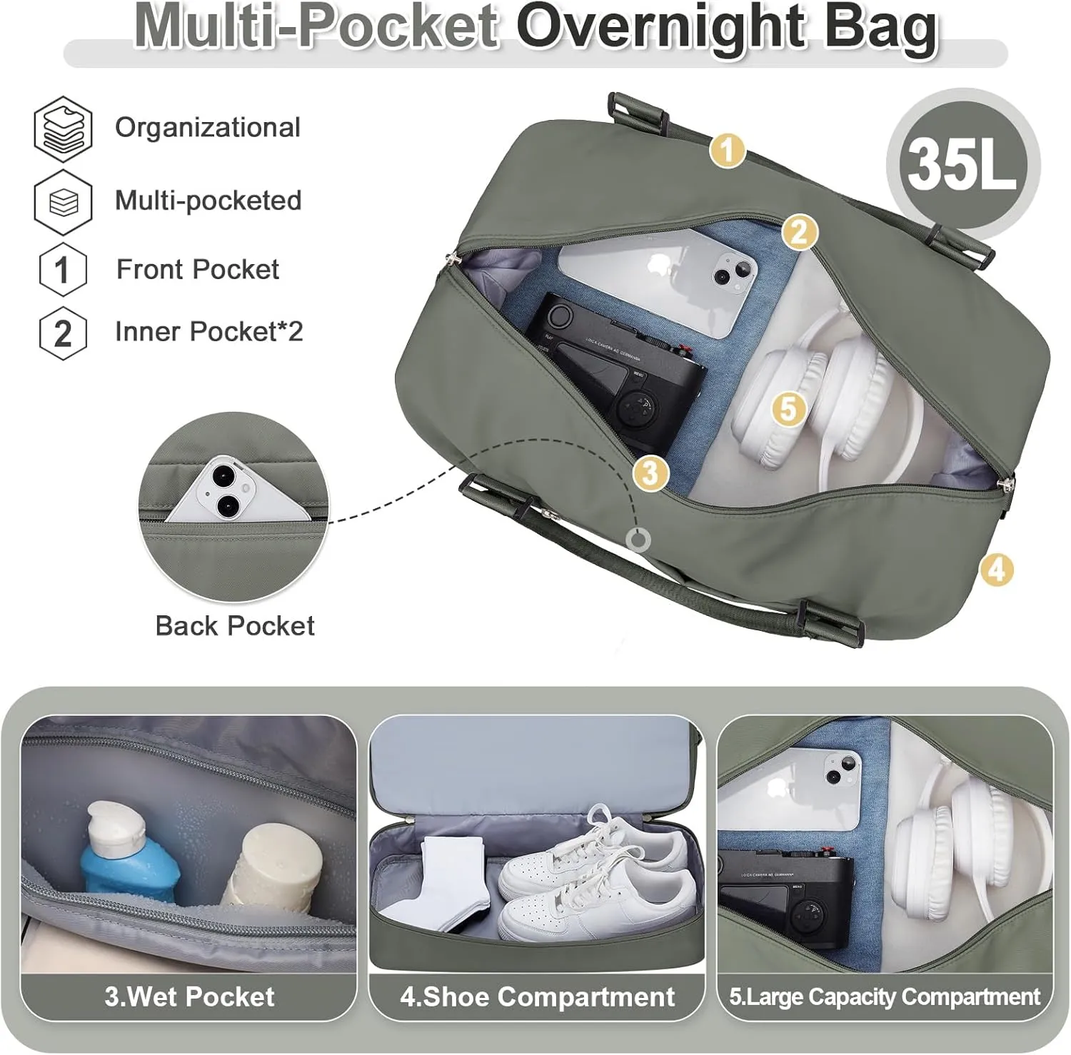Weekender Bags for Women, Travel Duffel Bags with Shoe Compartment & Wet Pocket,Personal Item Travel Bag for Airlines,Carry on Overnight Tote Bag for women,3Pcs Set，Olive Green
