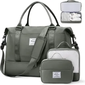 Weekender Bags for Women, Travel Duffel Bags with Shoe Compartment & Wet Pocket,Personal Item Travel Bag for Airlines,Carry on Overnight Tote Bag for women,3Pcs Set，Olive Green