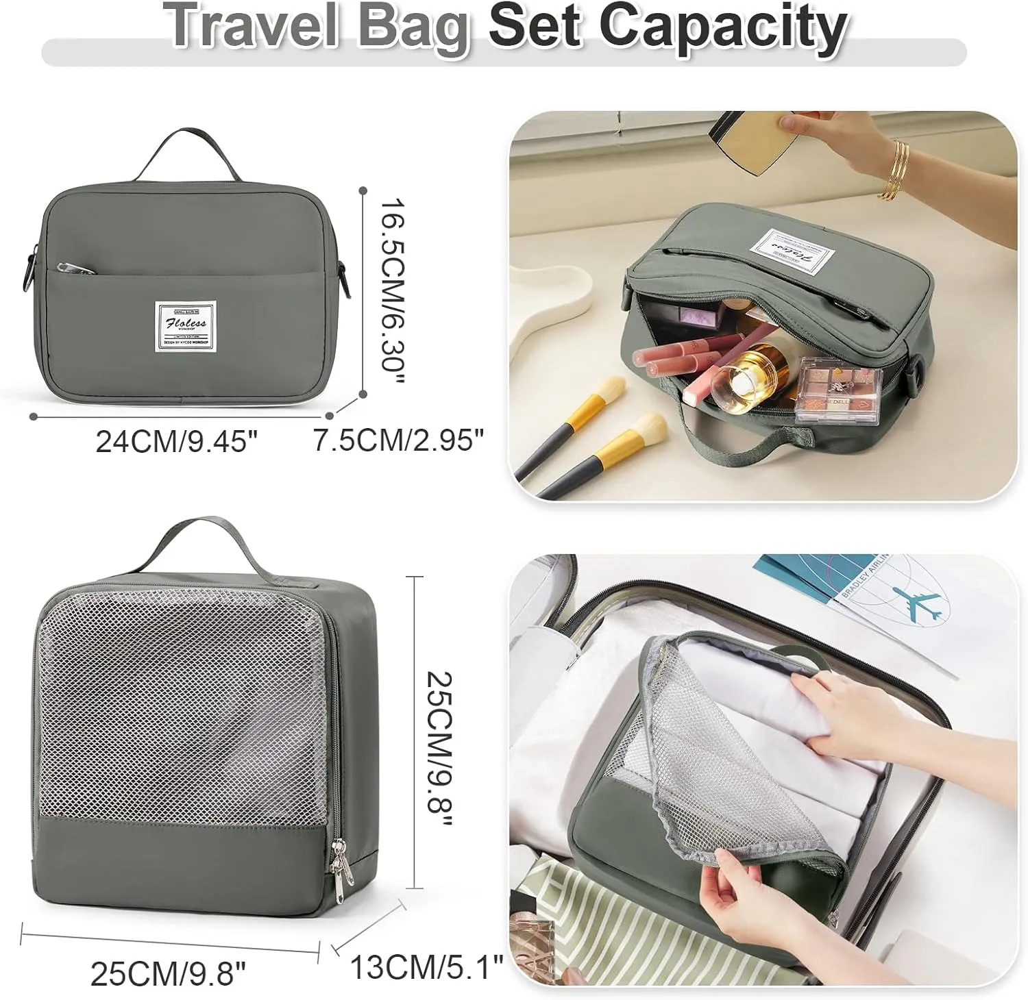 Weekender Bags for Women, Travel Duffel Bags with Shoe Compartment & Wet Pocket,Personal Item Travel Bag for Airlines,Carry on Overnight Tote Bag for women,3Pcs Set，Olive Green