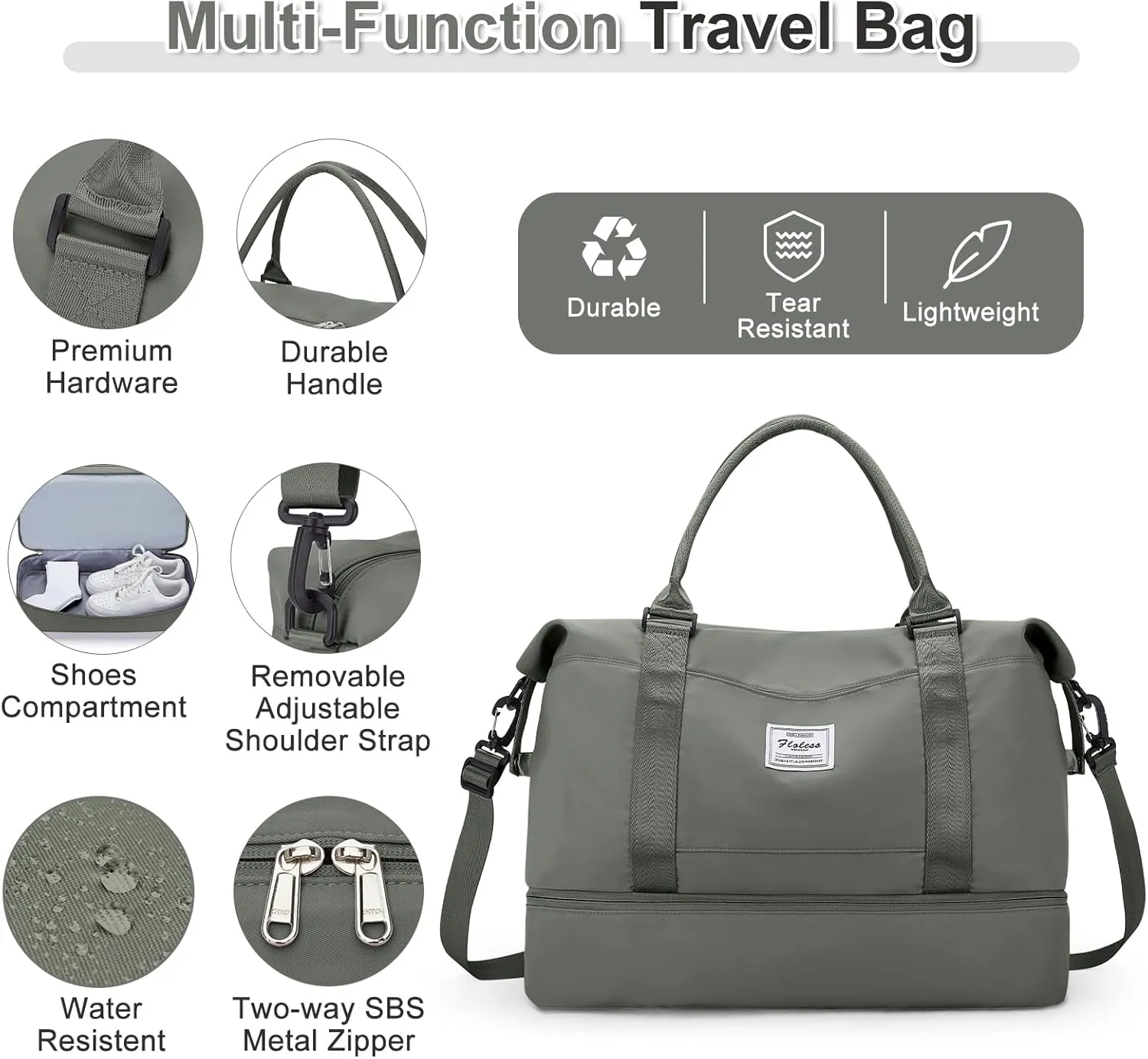 Weekender Bags for Women, Travel Duffel Bags with Shoe Compartment & Wet Pocket,Personal Item Travel Bag for Airlines,Carry on Overnight Tote Bag for women,3Pcs Set，Olive Green