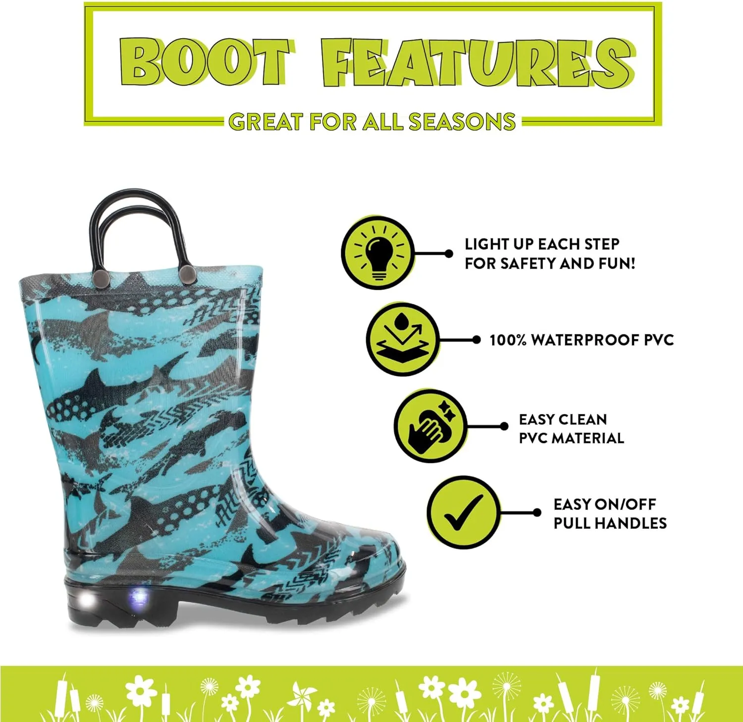 Western Chief Kids Waterproof Light Up Rain Boots With Handles for Easy On and Off for Boys and Girls