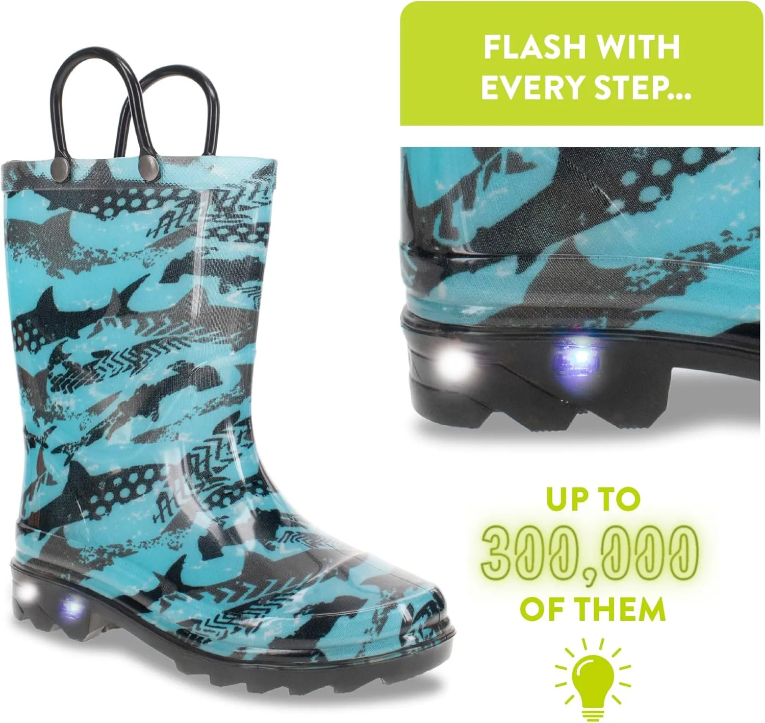 Western Chief Kids Waterproof Light Up Rain Boots With Handles for Easy On and Off for Boys and Girls