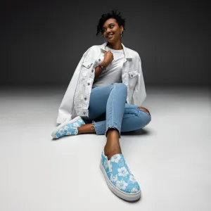 White Hibiscus and Dhari (blue) on Women’s slip-on canvas shoes