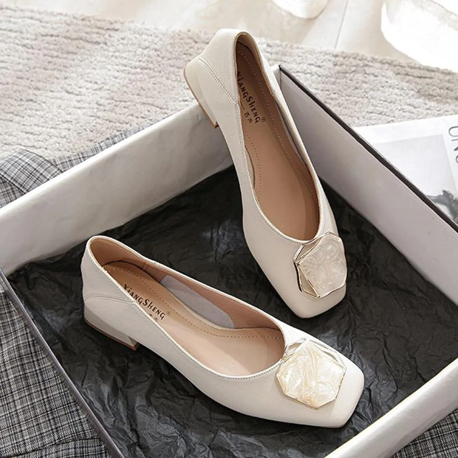 Women Fashion Square Toe Pumps Low Chunky Heel Comfortable Soft Leather Slip On Office Work Shoes