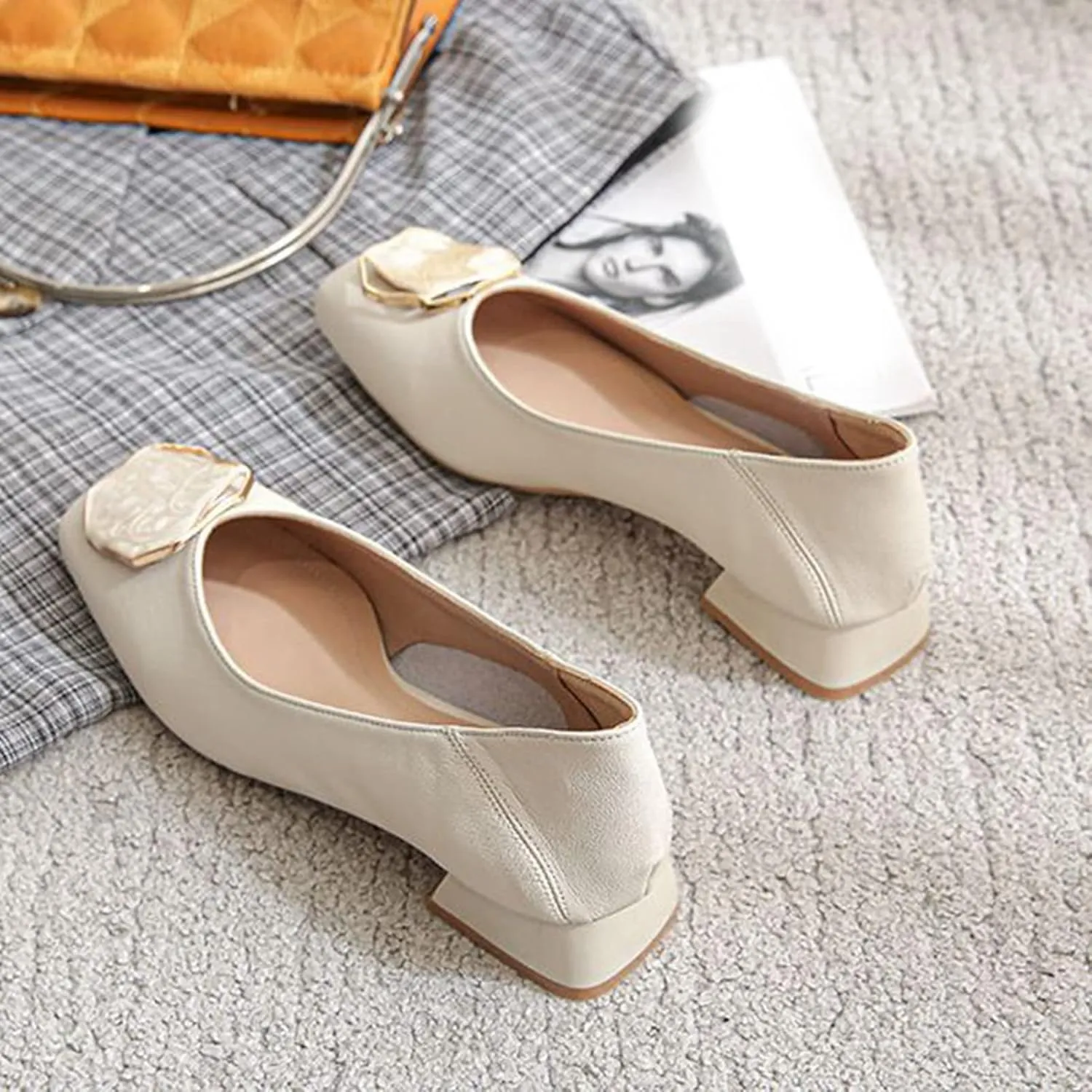 Women Fashion Square Toe Pumps Low Chunky Heel Comfortable Soft Leather Slip On Office Work Shoes
