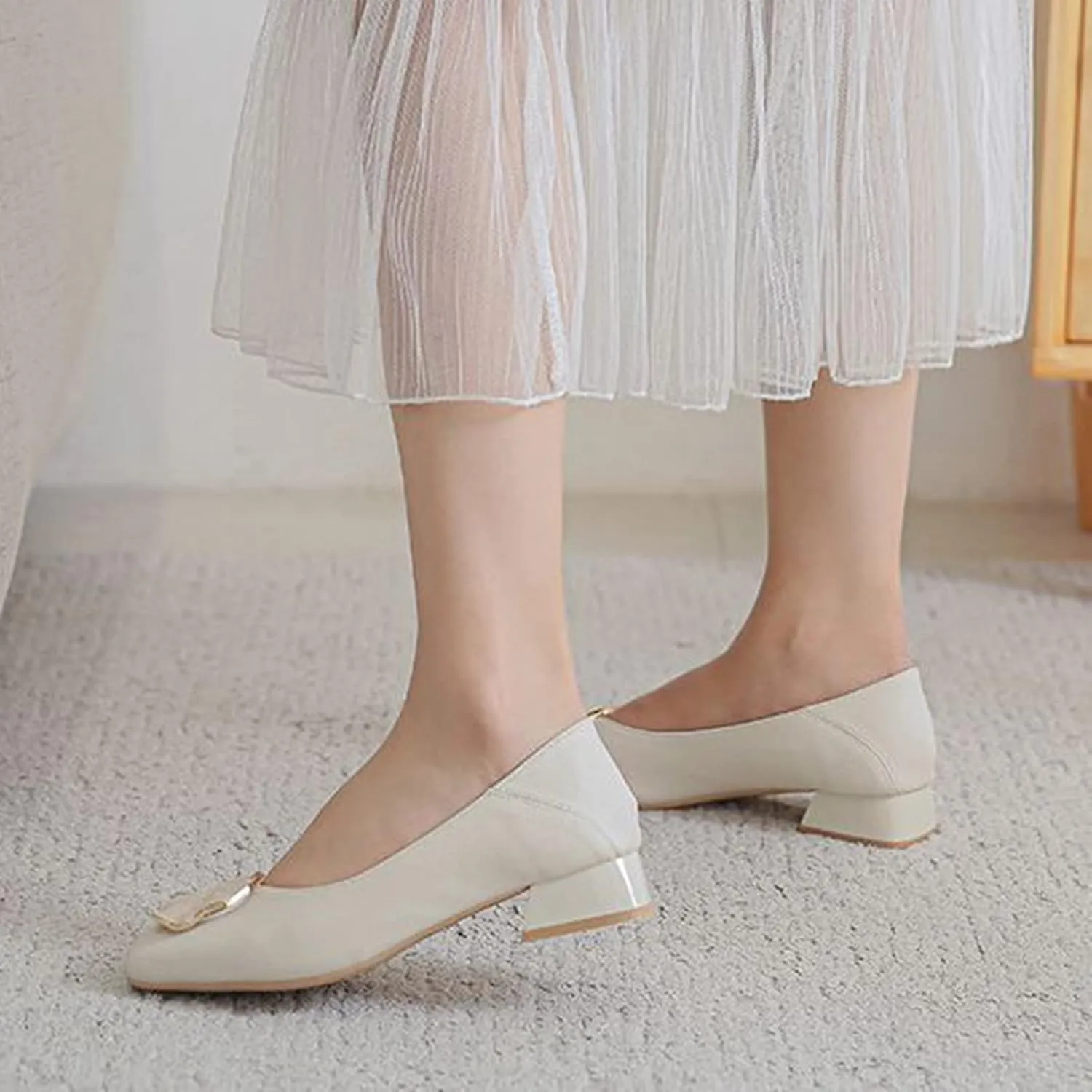 Women Fashion Square Toe Pumps Low Chunky Heel Comfortable Soft Leather Slip On Office Work Shoes