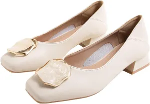 Women Fashion Square Toe Pumps Low Chunky Heel Comfortable Soft Leather Slip On Office Work Shoes
