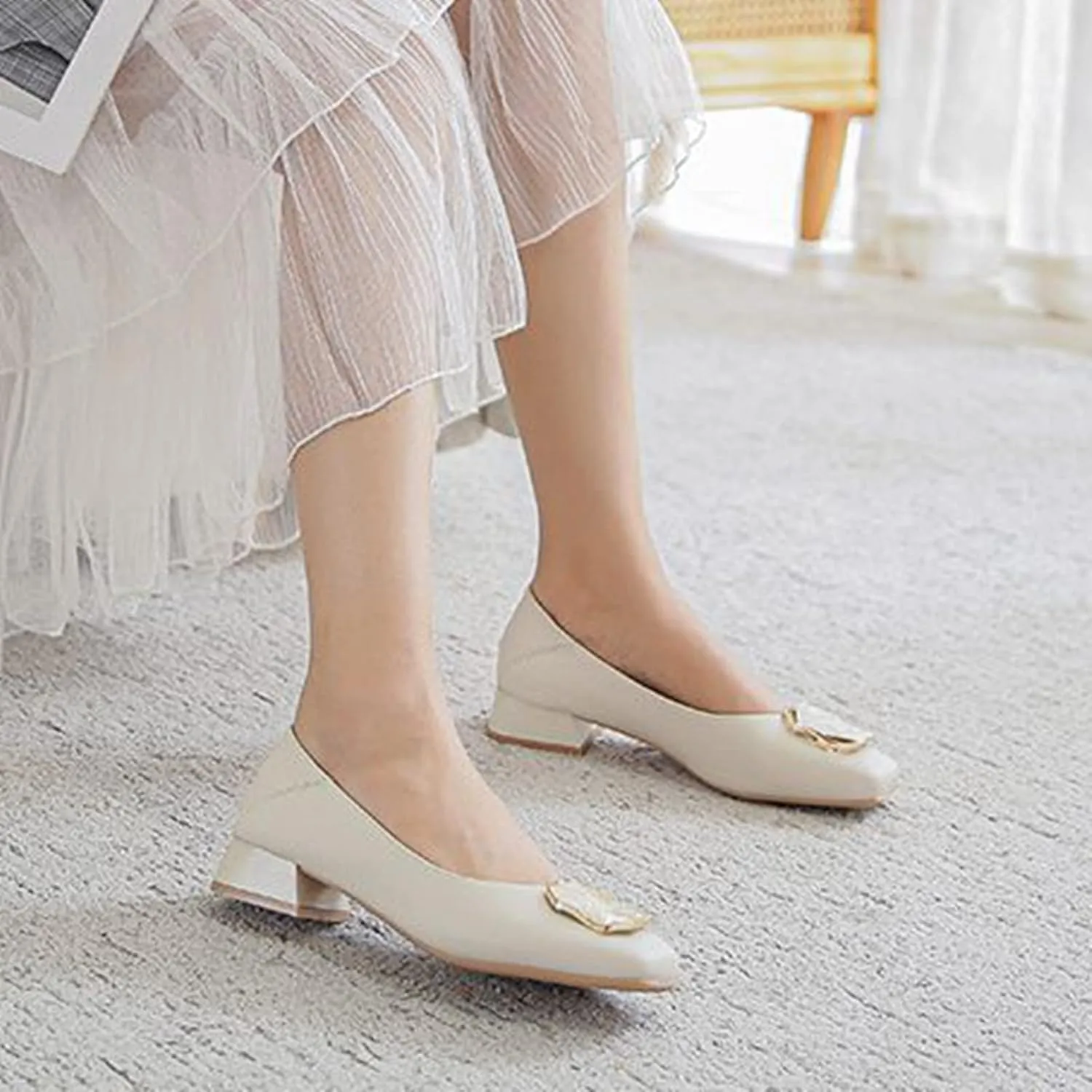 Women Fashion Square Toe Pumps Low Chunky Heel Comfortable Soft Leather Slip On Office Work Shoes