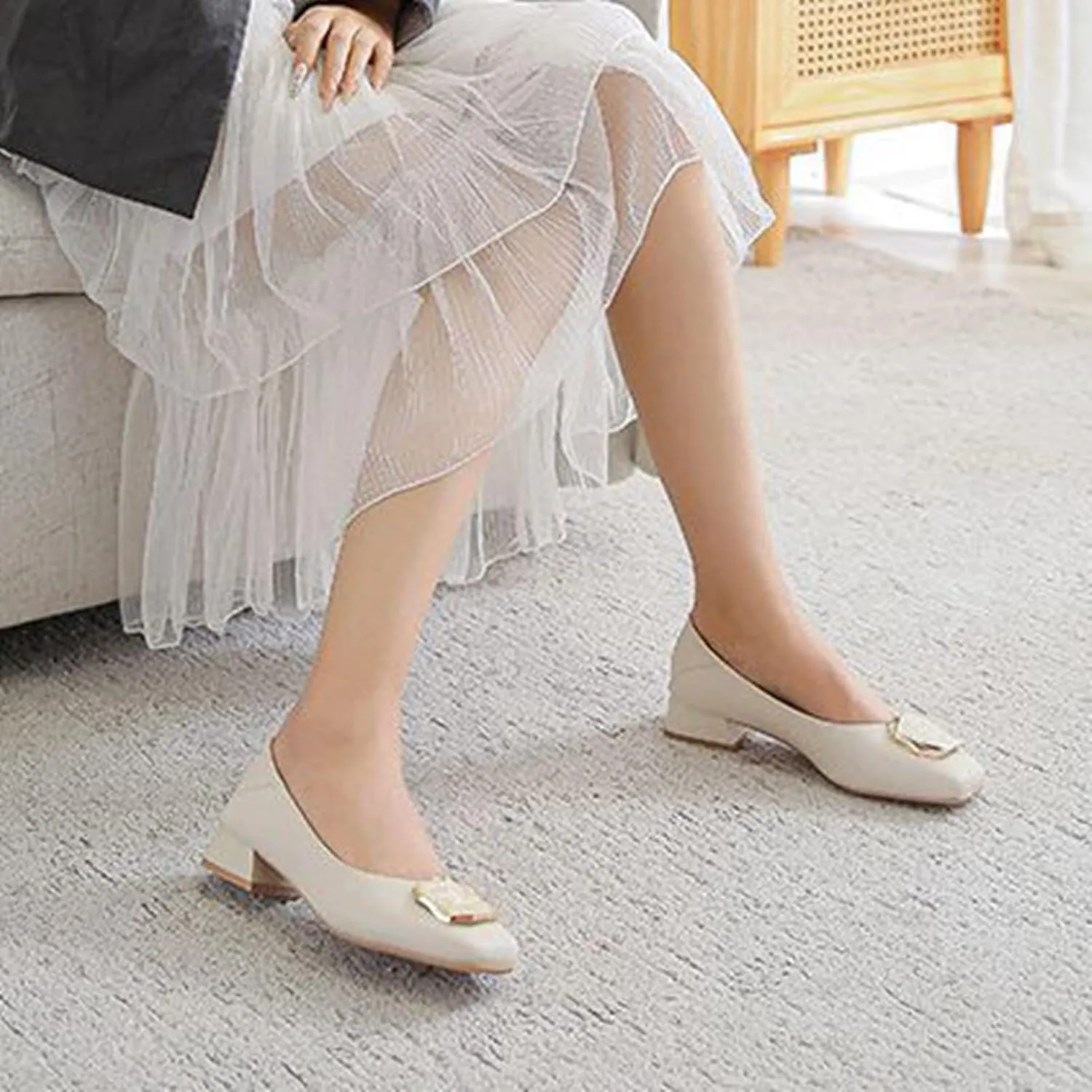 Women Fashion Square Toe Pumps Low Chunky Heel Comfortable Soft Leather Slip On Office Work Shoes