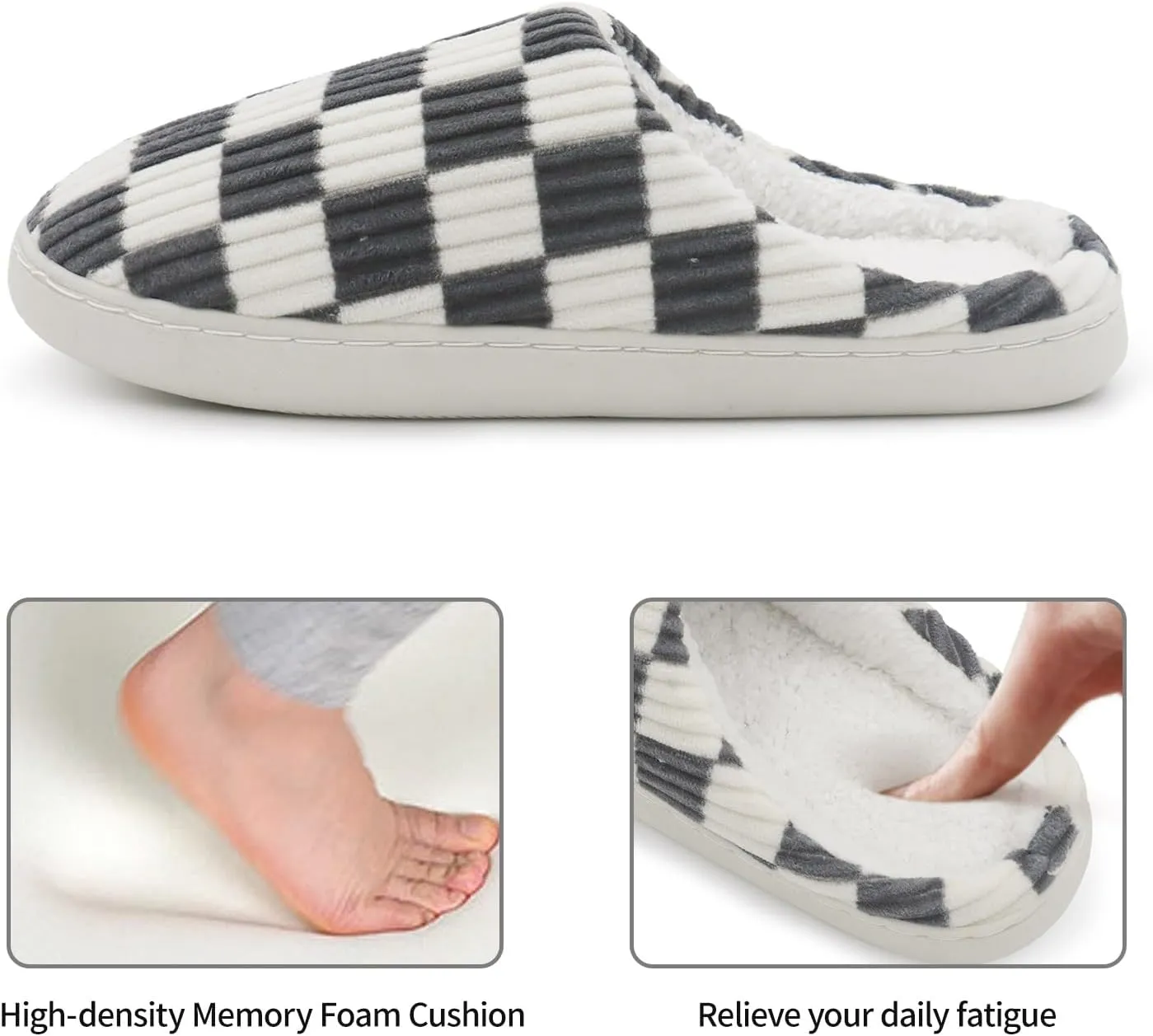Women House Fuzzy Slippers - Plaid Scuff Checkered Slip-on Memory Foam Indoor Outdoor Comfortable Soft Slides