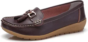 Women Loafers Soft Cow Leather Slip On Moccasin Boat Shoes Hand Sewn Soft Bottom Non-Slip Wedge Mother Fashion Dress Shoe