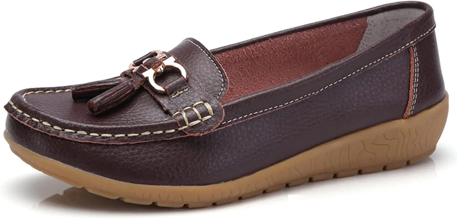 Women Loafers Soft Cow Leather Slip On Moccasin Boat Shoes Hand Sewn Soft Bottom Non-Slip Wedge Mother Fashion Dress Shoe
