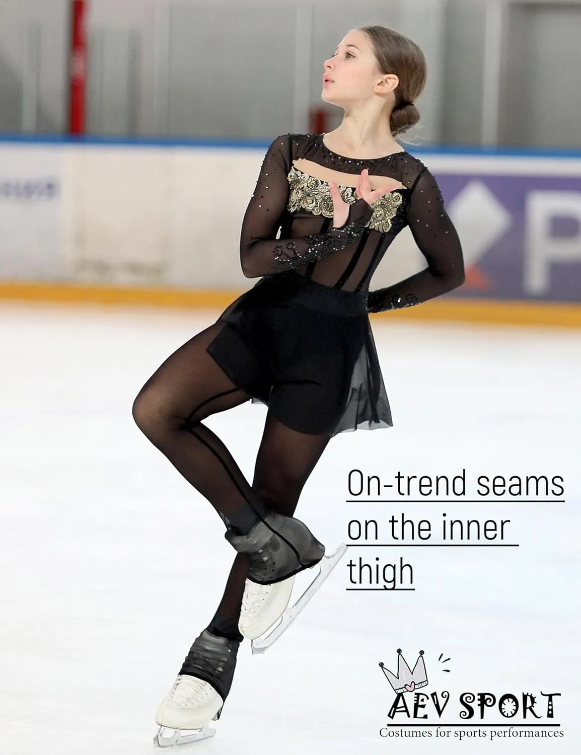 Women Mesh Tights for Figure Ice Skating with Seam over the Heel of the Boot