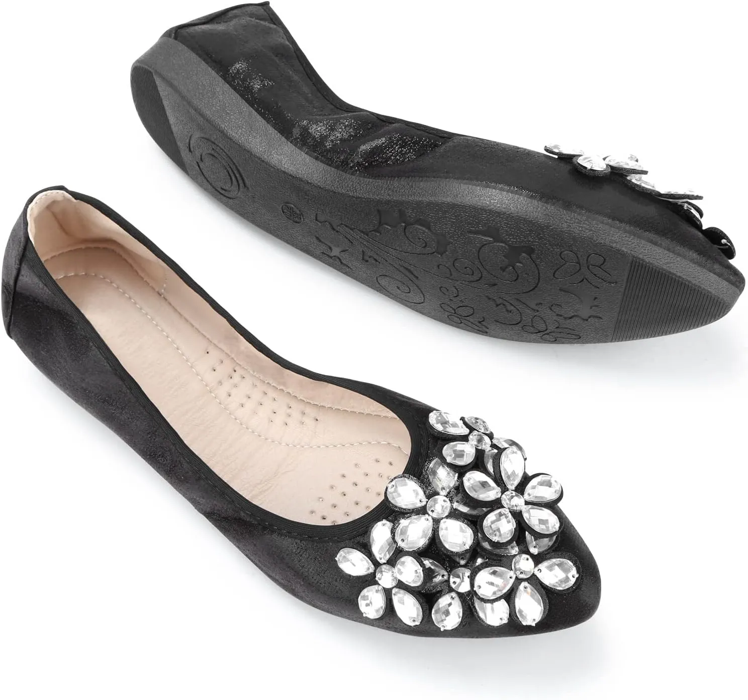 Women's Ballet Flats Rhinestone Soft Wedding Ballerina Shoes Foldable Sparkly Dress Comfort Slip on Flat Shoes
