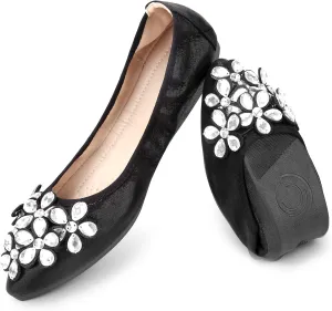 Women's Ballet Flats Rhinestone Soft Wedding Ballerina Shoes Foldable Sparkly Dress Comfort Slip on Flat Shoes