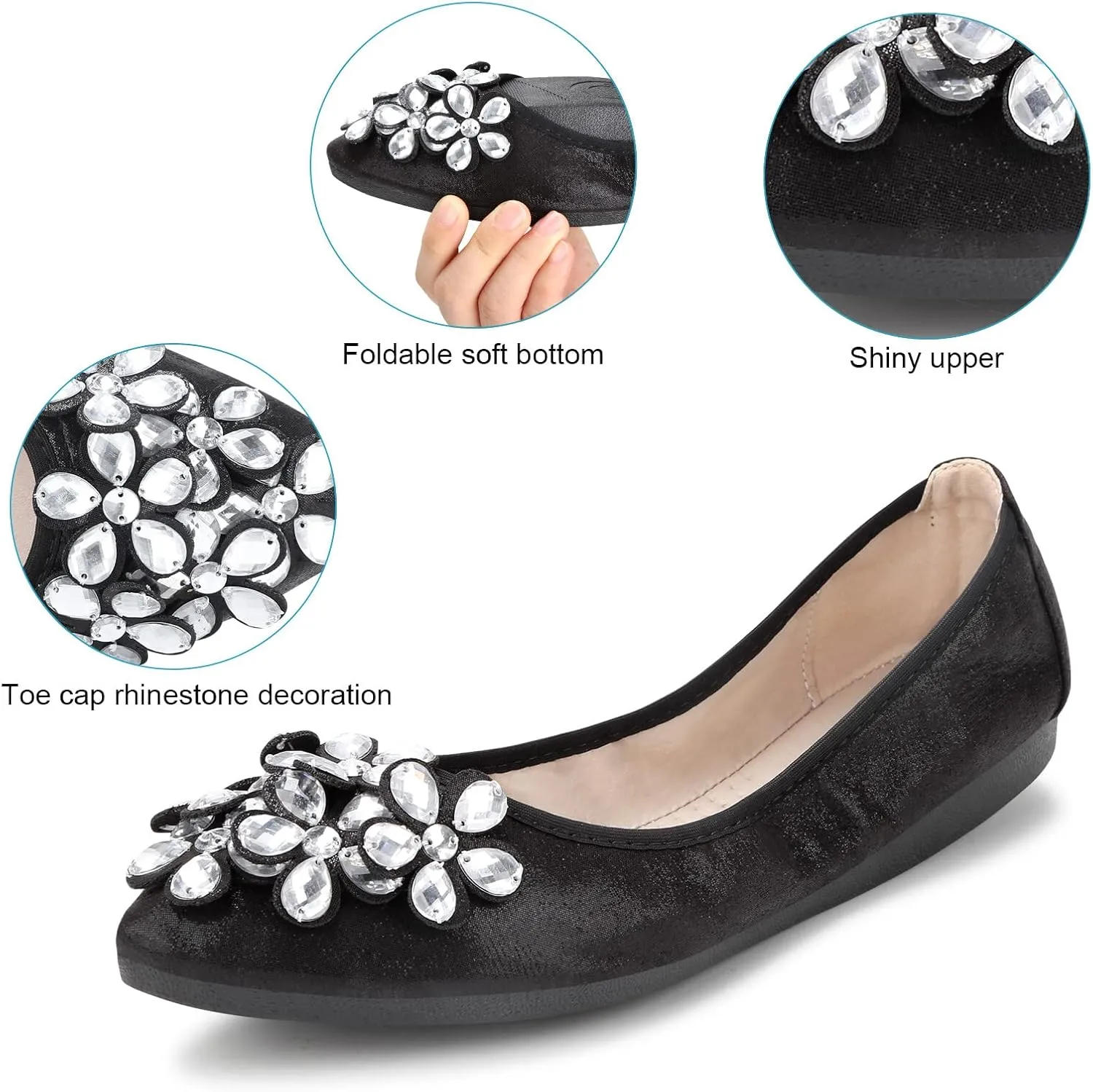 Women's Ballet Flats Rhinestone Soft Wedding Ballerina Shoes Foldable Sparkly Dress Comfort Slip on Flat Shoes