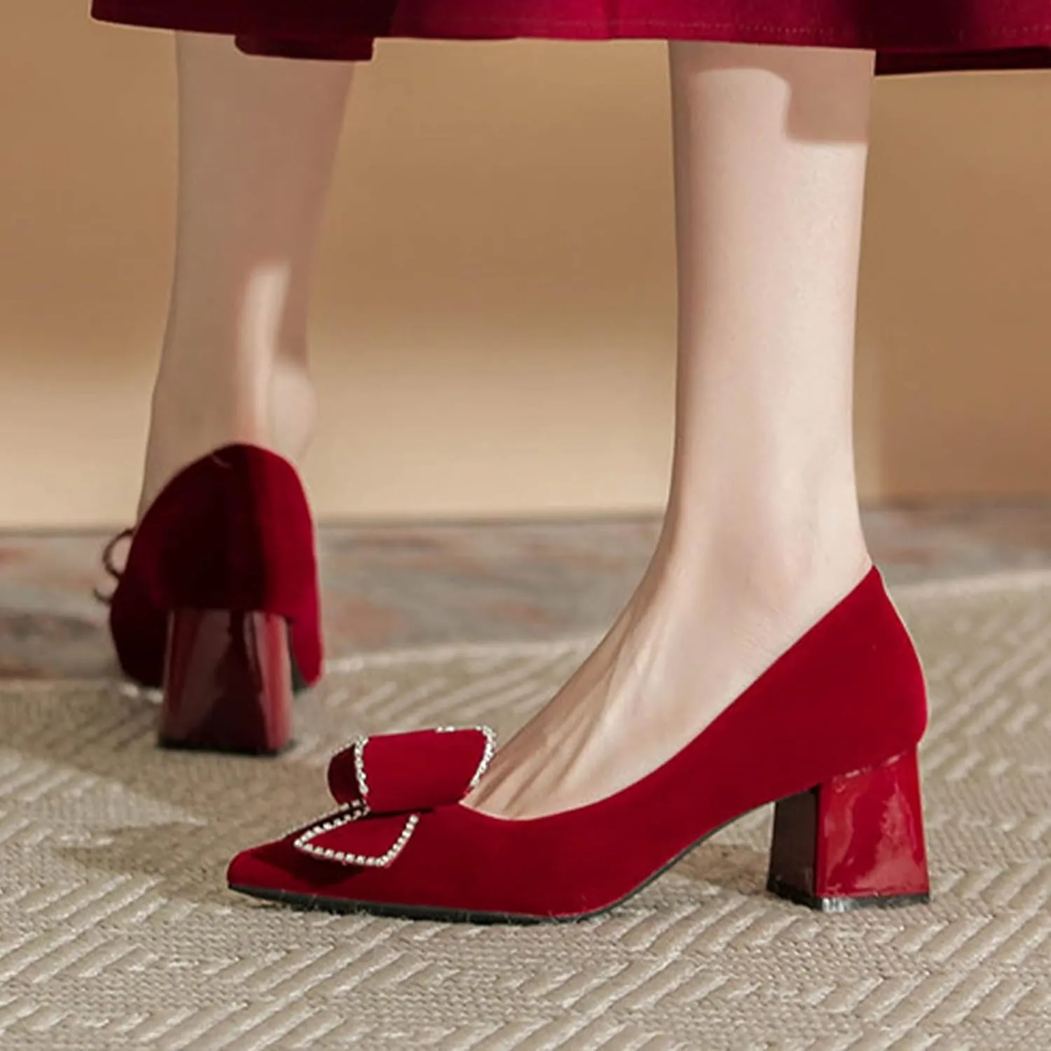 Women's Bow Chunky Heel Dress Pumps Fashion Pointed Toe Slip-On Mid Block Heel Office Work Formal Shoes Grace Party Prom Bridal Shoes